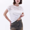 Boat Neck Lace Detailed T-Shirt OX-PAMTEEMIX